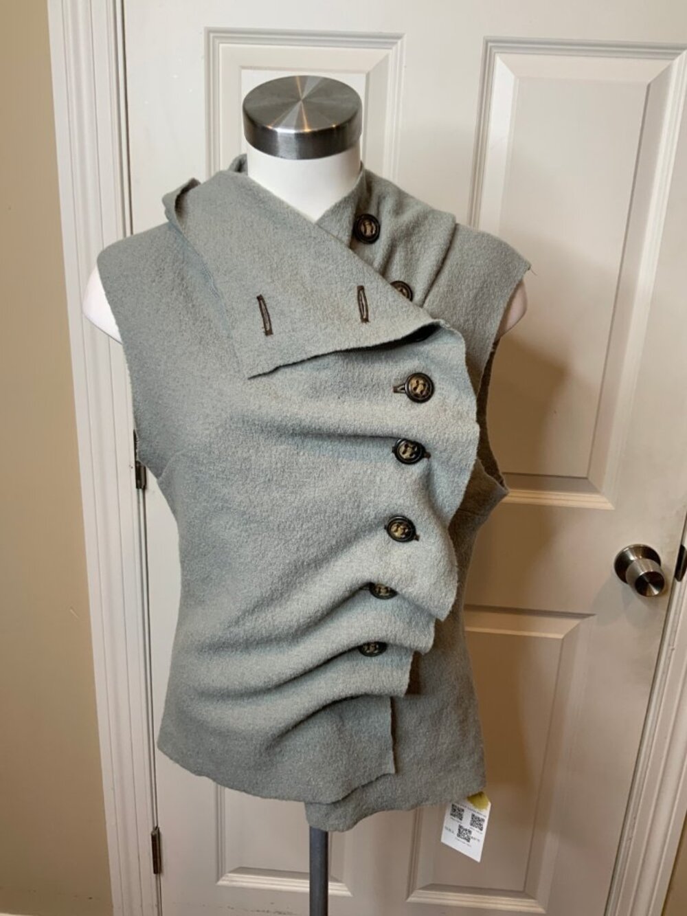 Gro Abrahamsson Gray Asymmetric Boiled Wool Crinkle Button Up Vest, Size 8 | 40